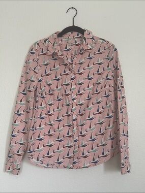 Boden Pink Bird Print  Long-Sleeve Button-Up Shirt - size 6